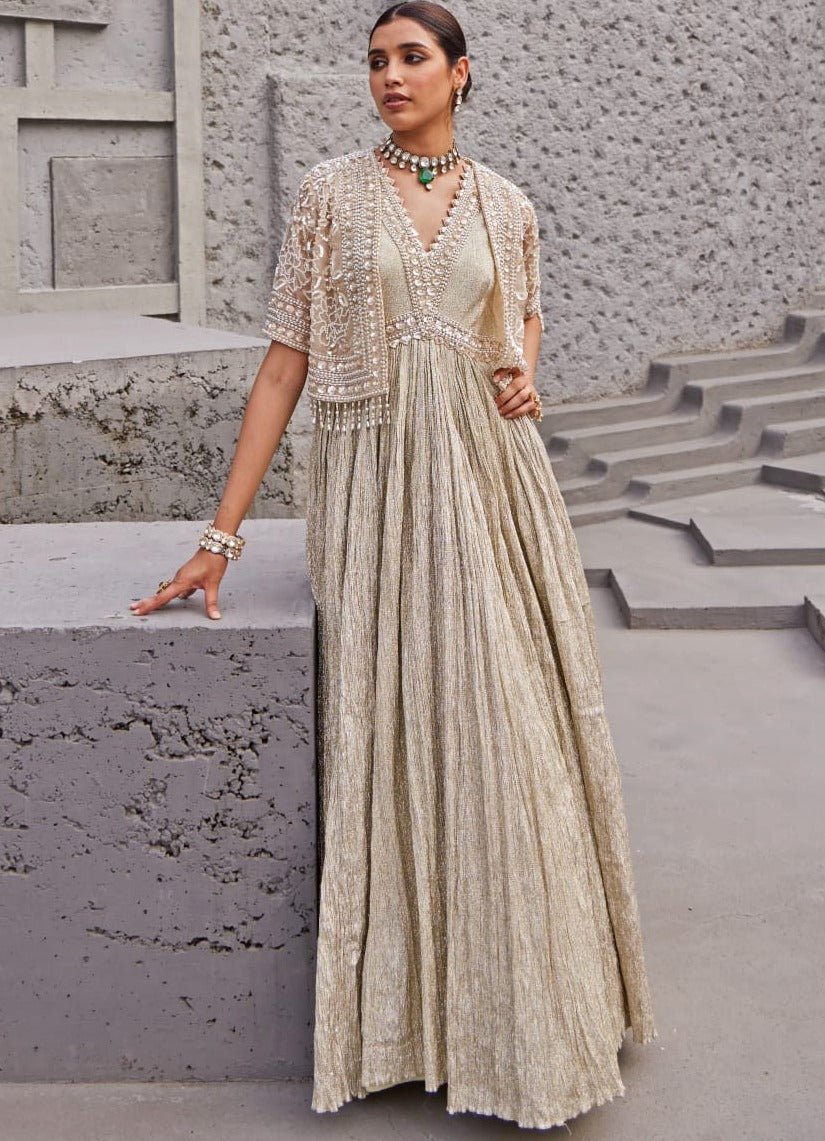 Pakistani Champagne Gold Embroidered Crush Shimmer Anarkali (2-Piece) - Image 5