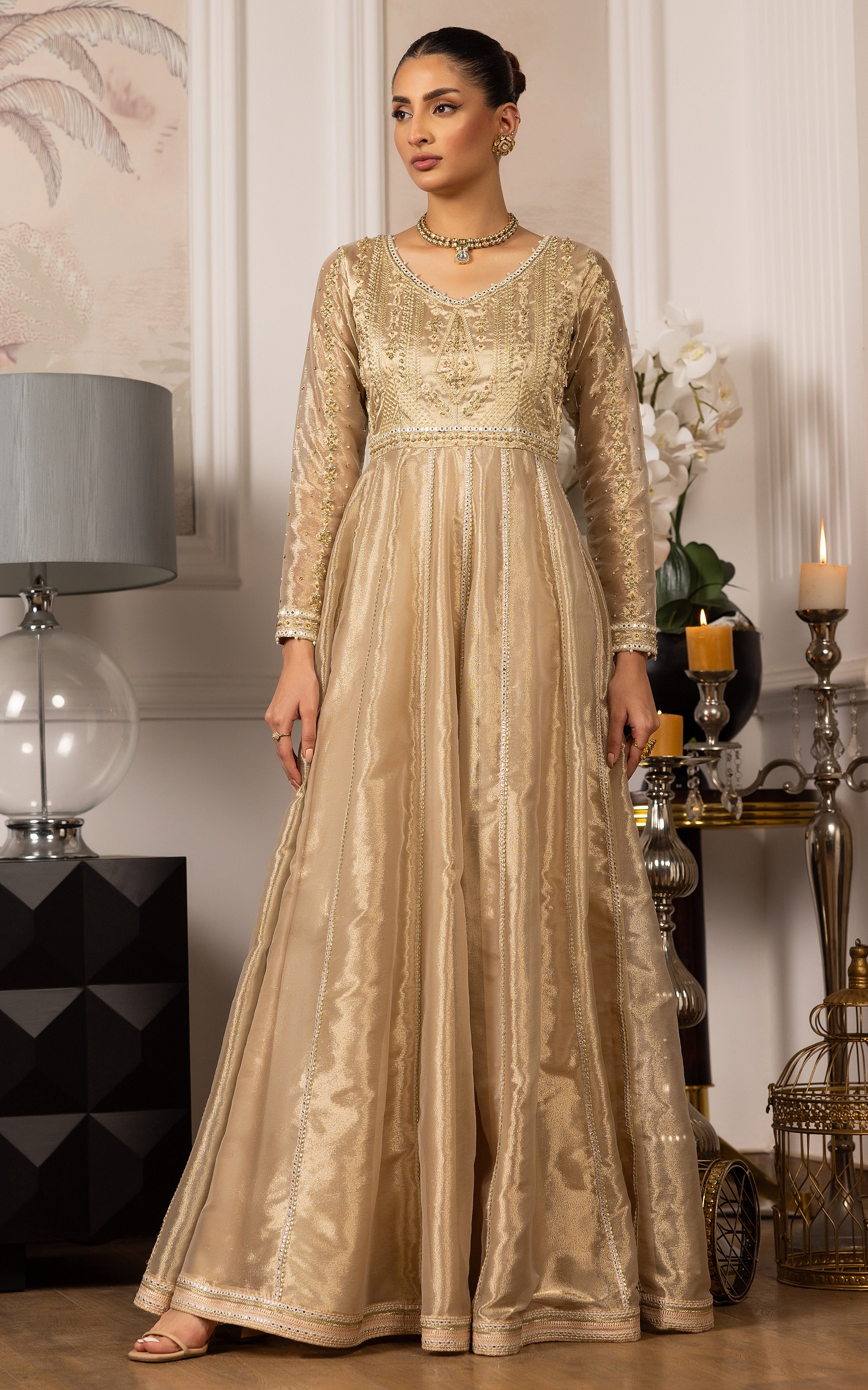Gold Embroidered Masori Anarkali Dress (1-Pc) - Image 1