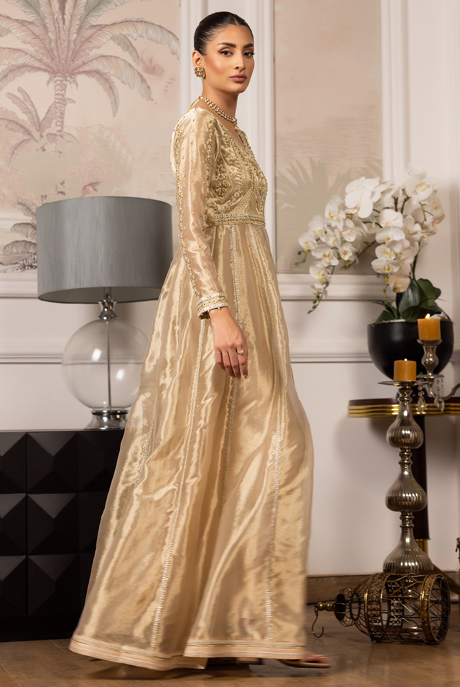 Gold Embroidered Masori Anarkali Dress (1-Pc) - Image 2