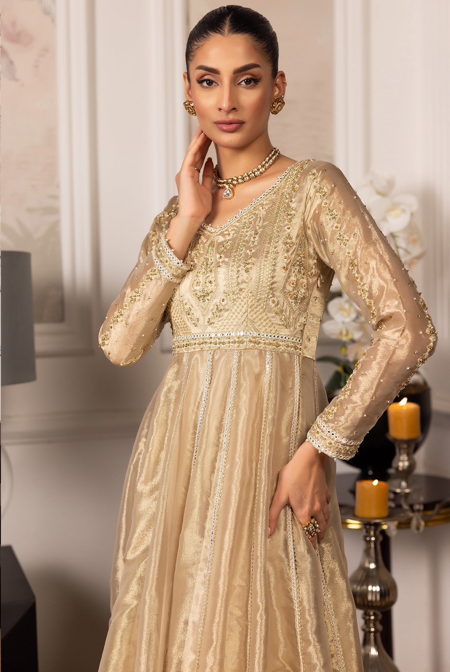 Gold Embroidered Masori Anarkali Dress (1-Pc) - Image 3
