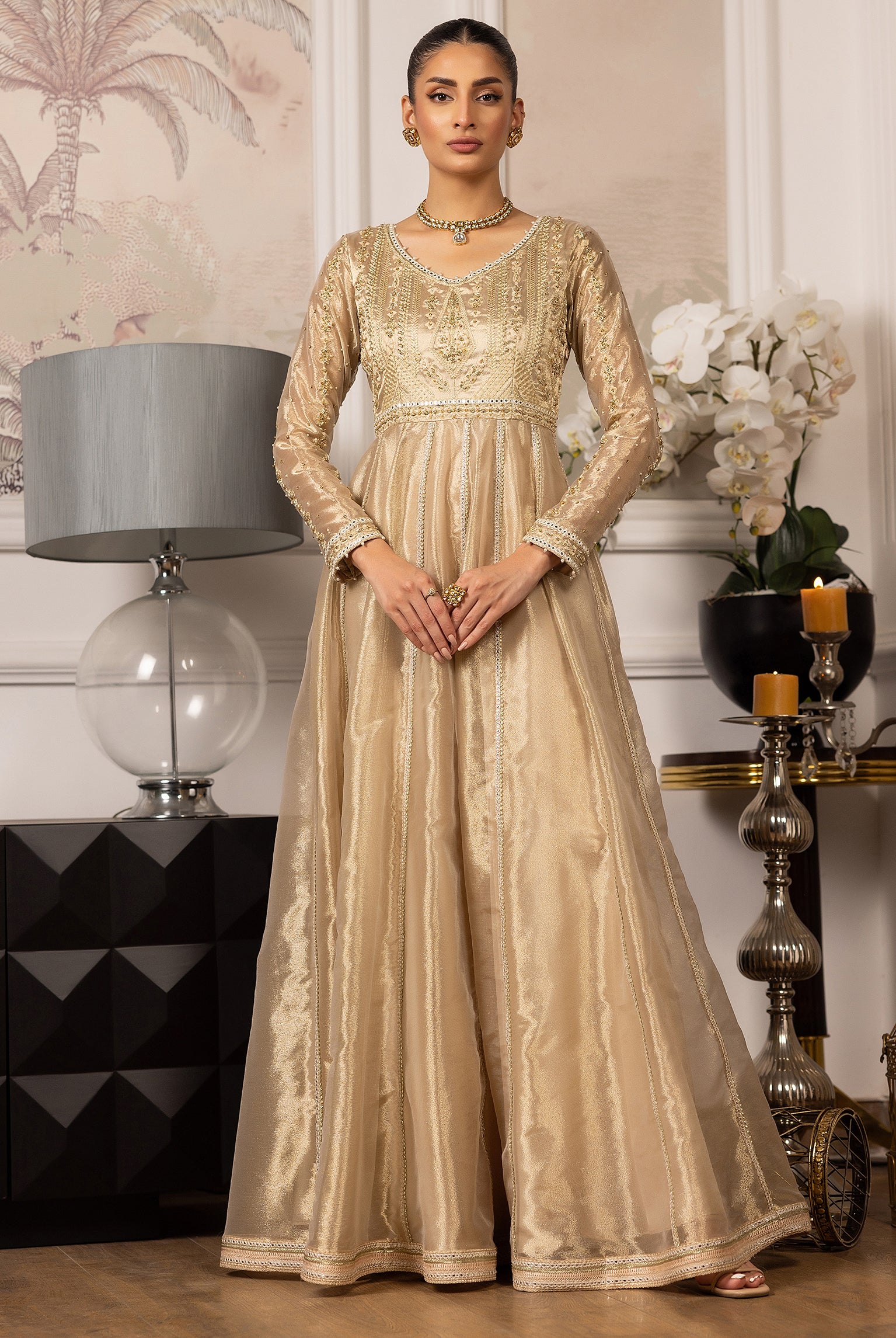 Gold Embroidered Masori Anarkali Dress (1-Pc) - Image 7
