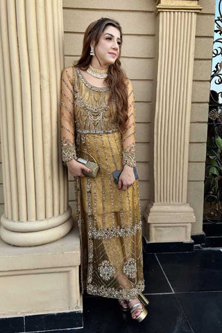 Antique Gold Embellished Net Long Dress (1-Pc) - Image 2