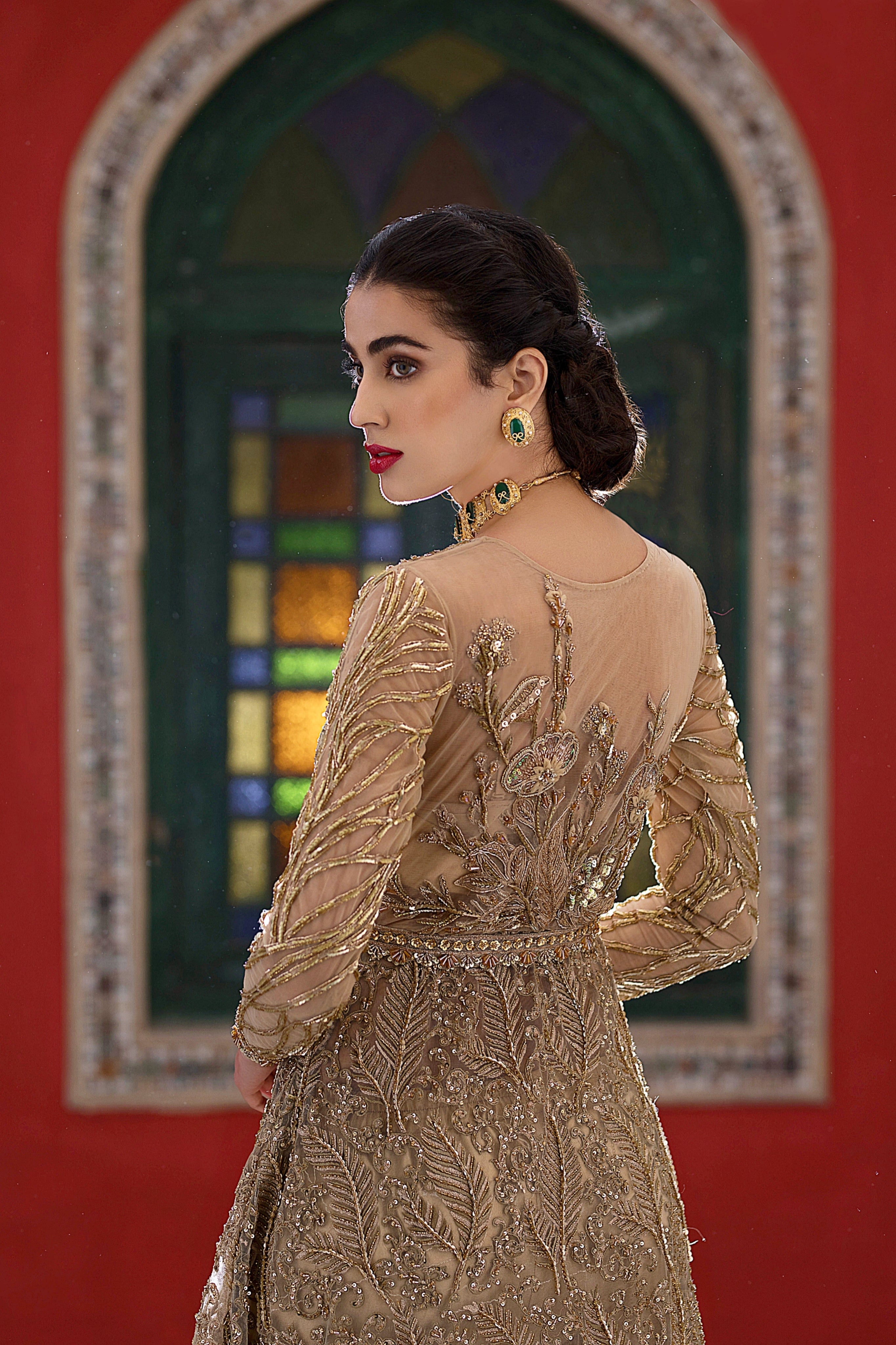 Pakistani Gold Embroidered Net Anarkali Gown (1-Pc) - Image 2