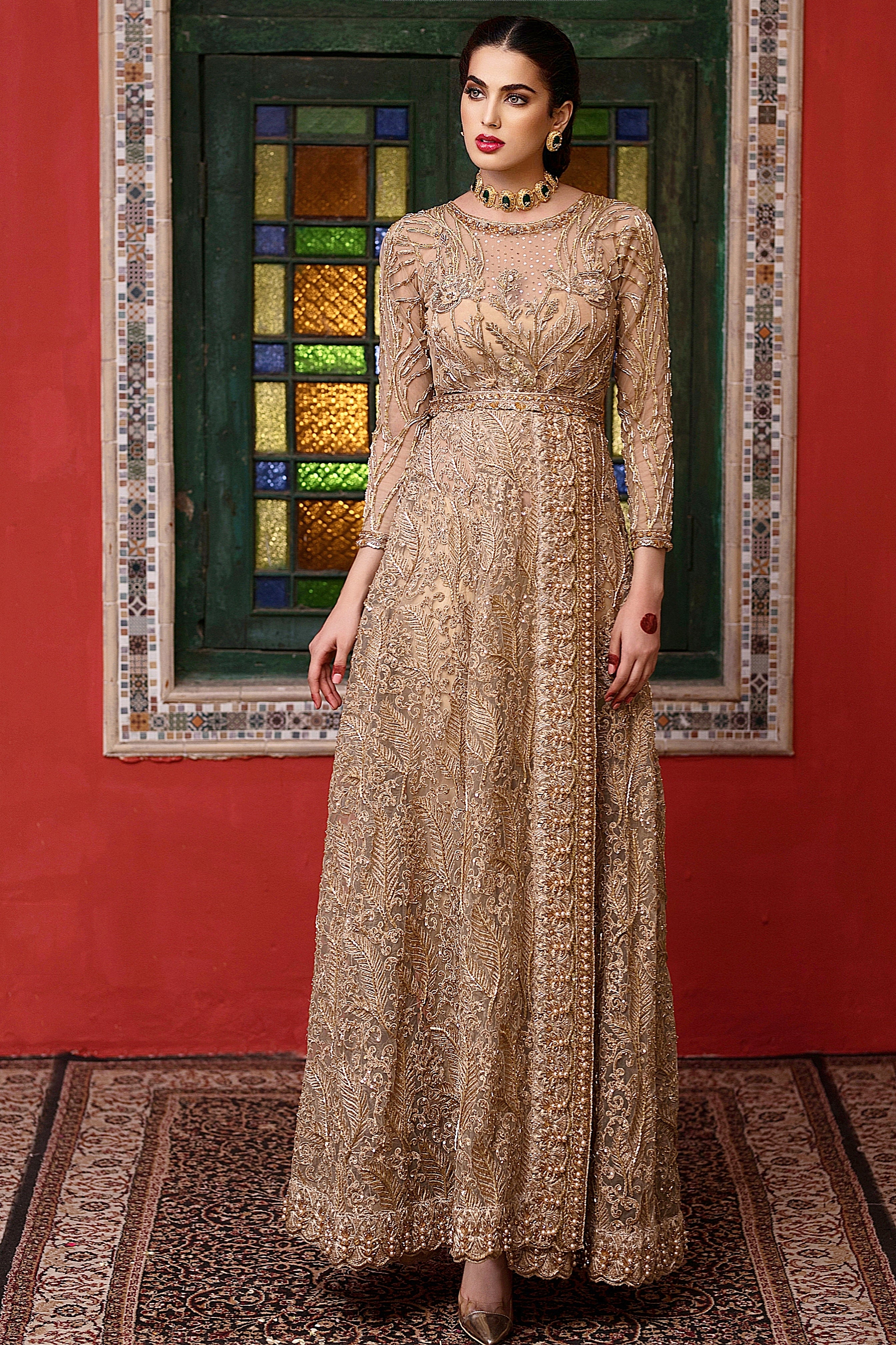 Pakistani Gold Embroidered Net Anarkali Gown (1-Pc) - Image 3