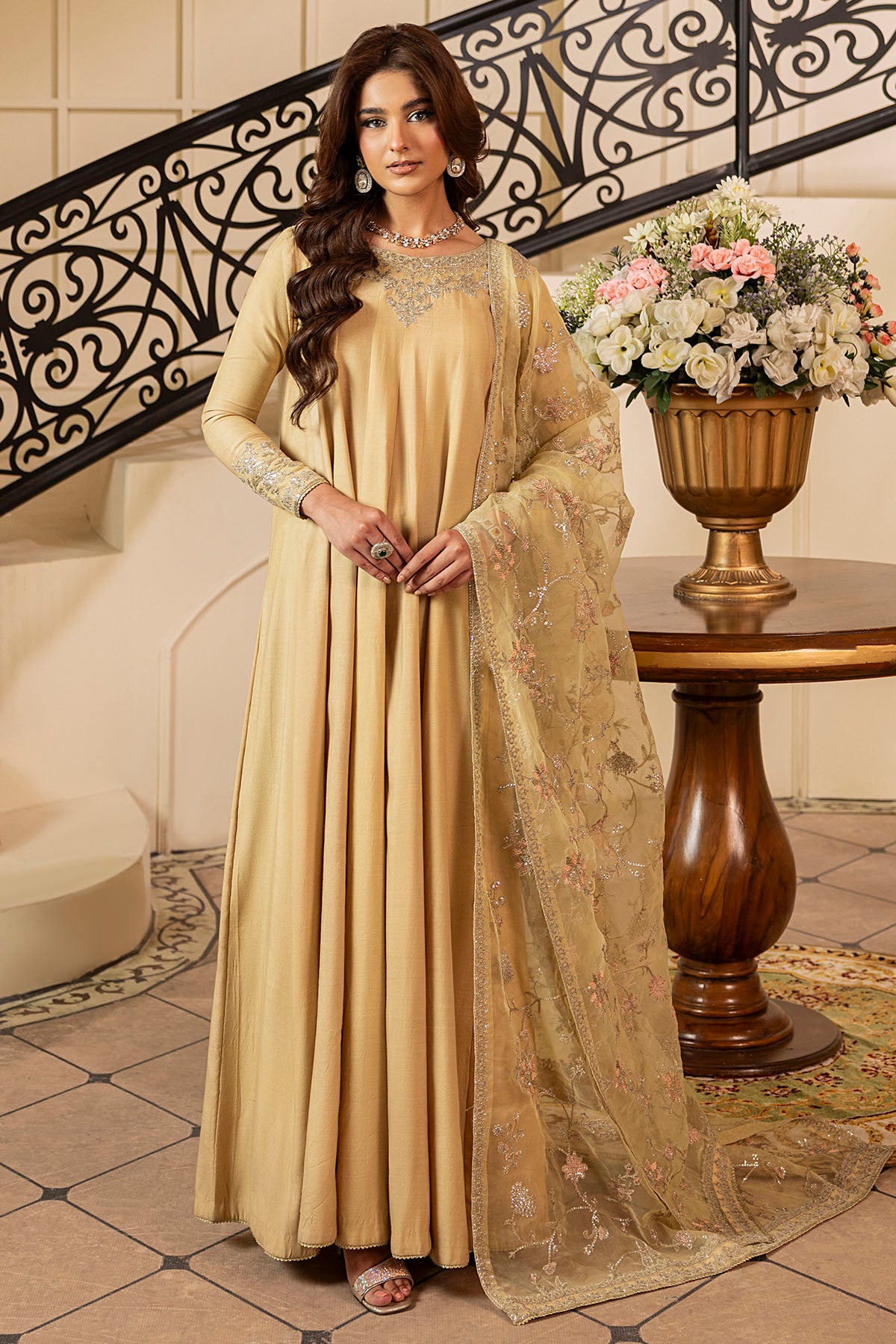 Pakistani Gold Embroidered Silk Anarkali Dress (3-Piece) - Image 1