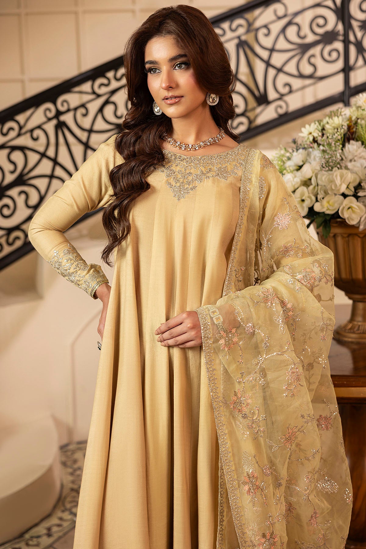 Pakistani Gold Embroidered Silk Anarkali Dress (3-Piece) - Image 3