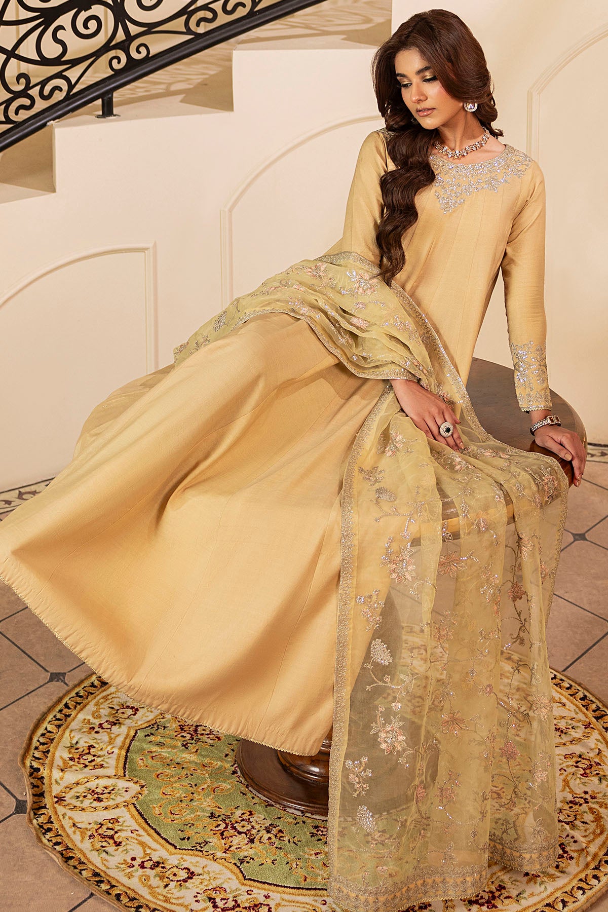 Pakistani Gold Embroidered Silk Anarkali Dress (3-Piece) - Image 4