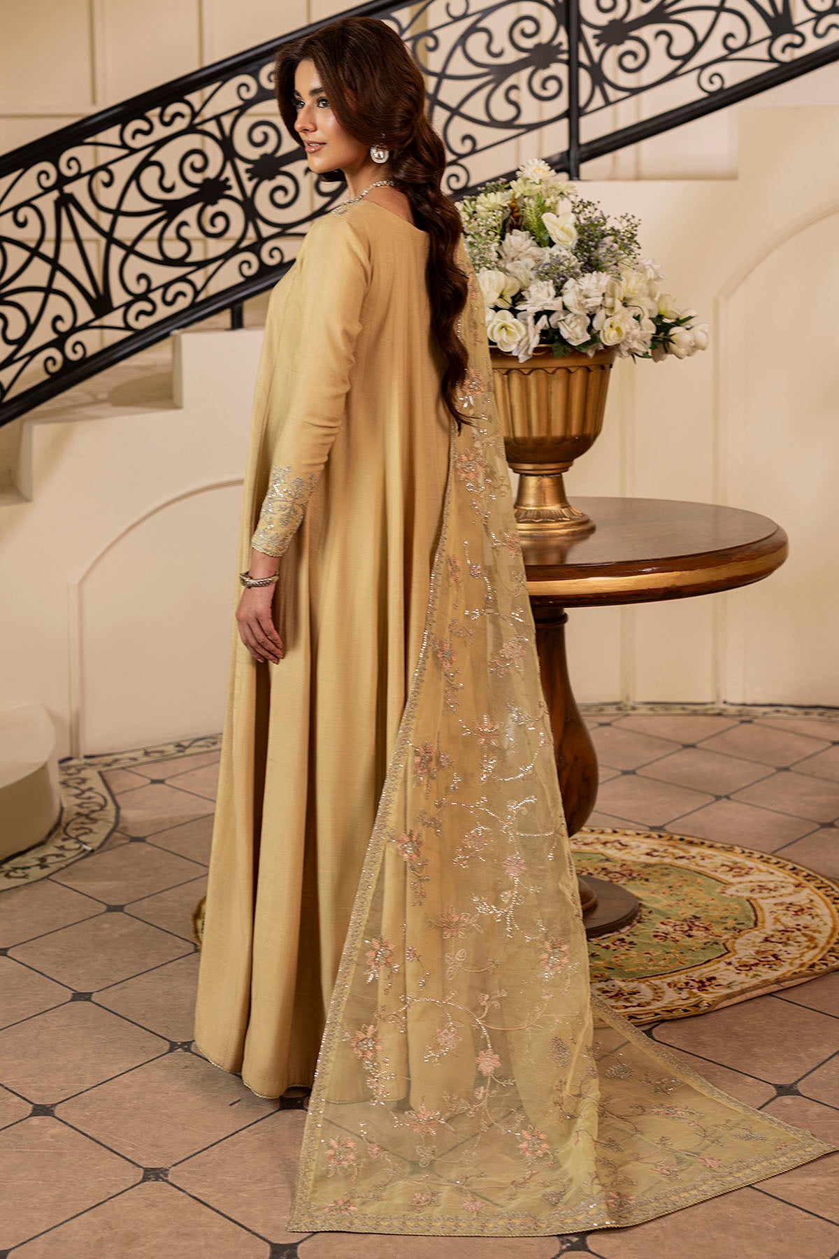 Pakistani Gold Embroidered Silk Anarkali Dress (3-Piece) - Image 5
