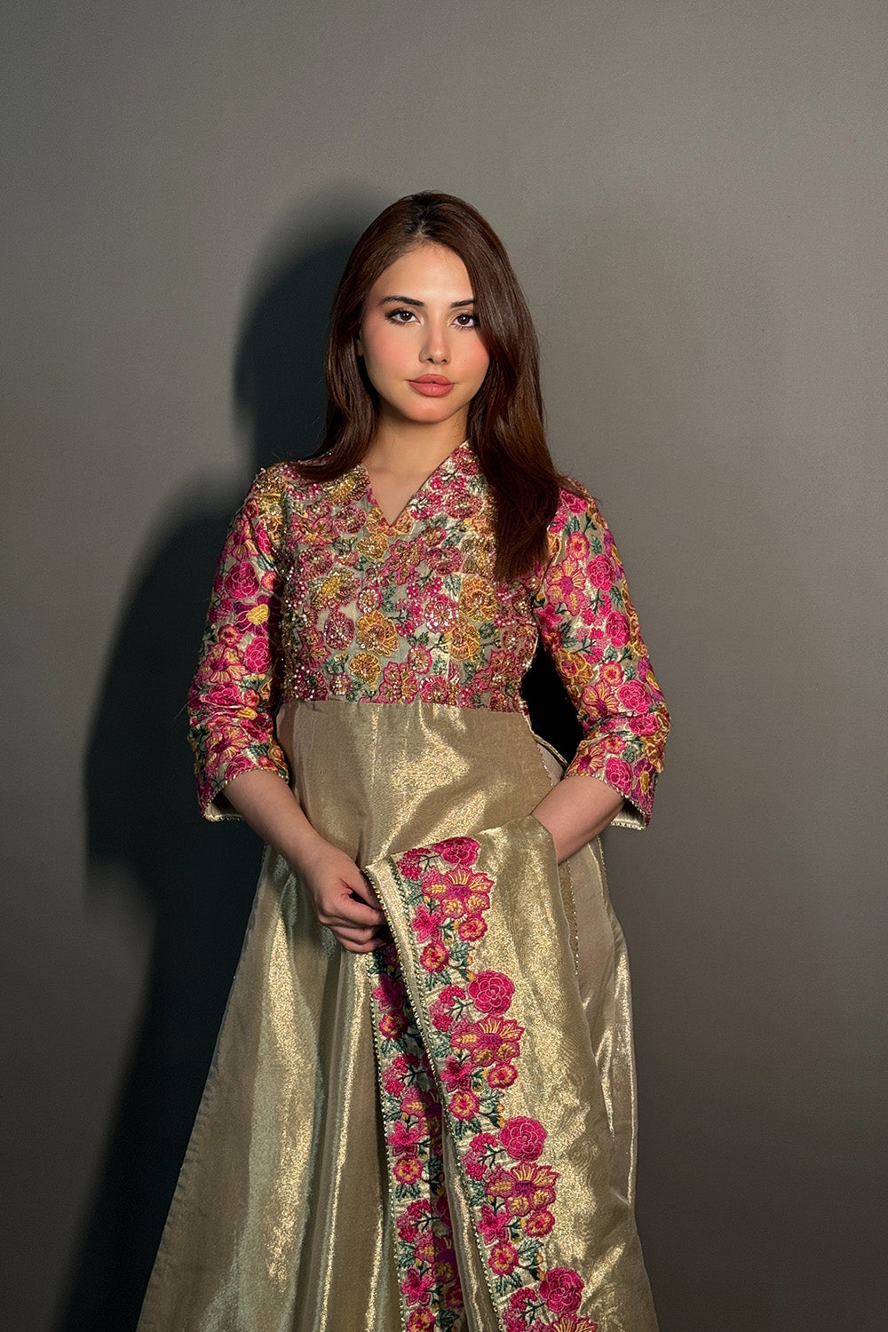 Rich Gold Embroidered Tissue Anarkali Dress (3-Piece) - Image 1