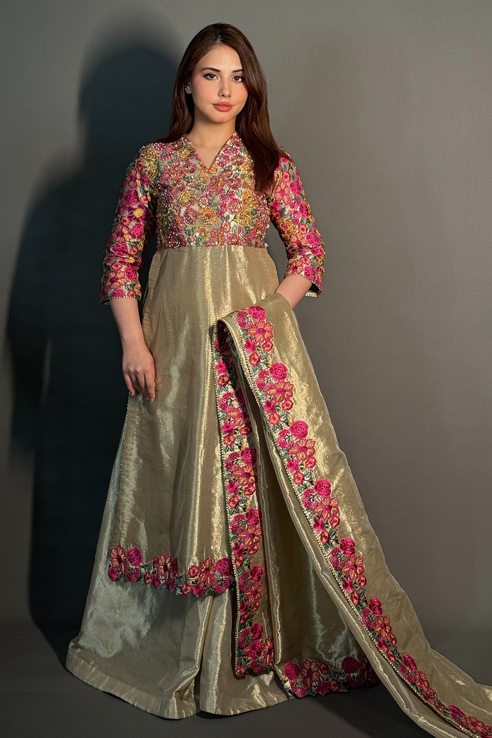Rich Gold Embroidered Tissue Anarkali Dress (3-Piece) - Image 2