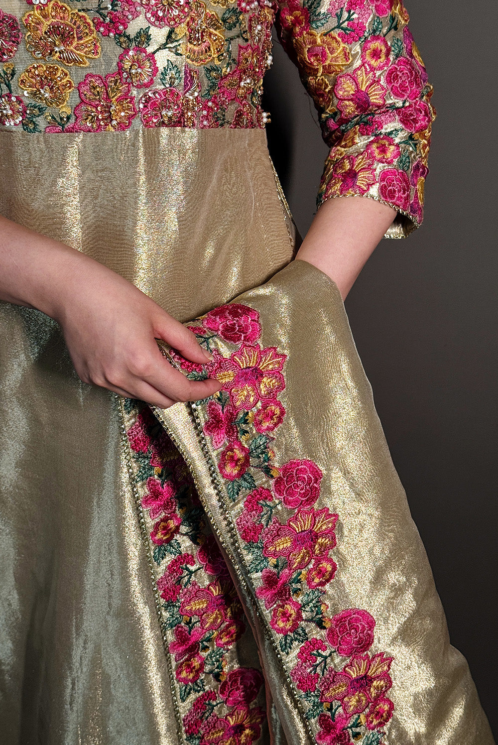Rich Gold Embroidered Tissue Anarkali Dress (3-Piece) - Image 3