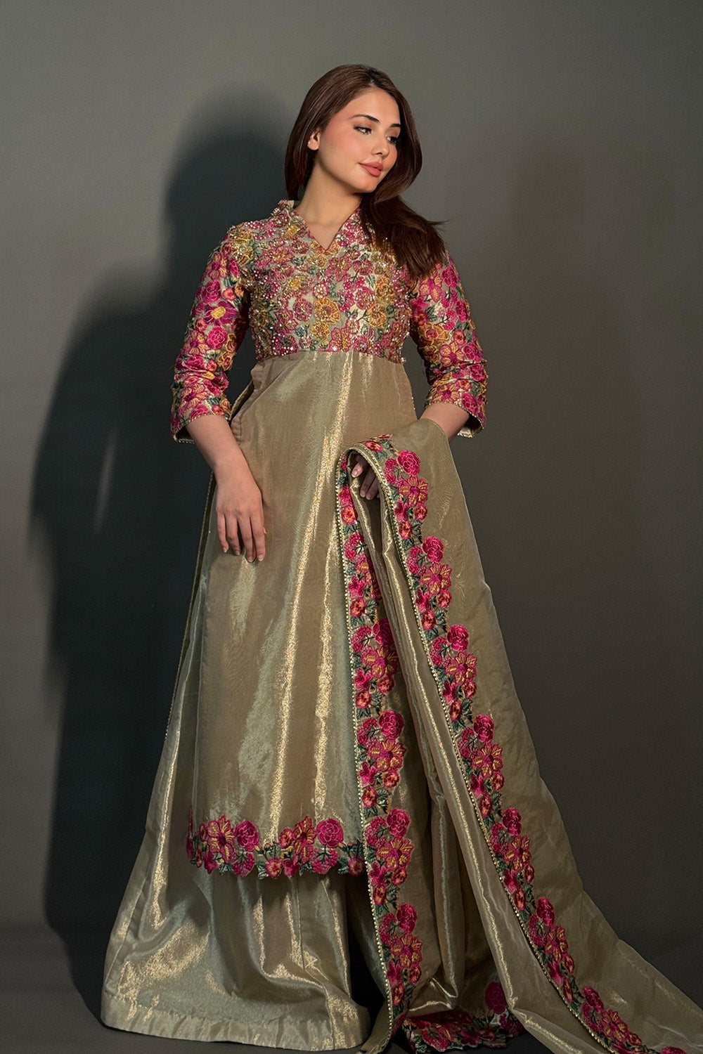 Rich Gold Embroidered Tissue Anarkali Dress (3-Piece) - Image 4