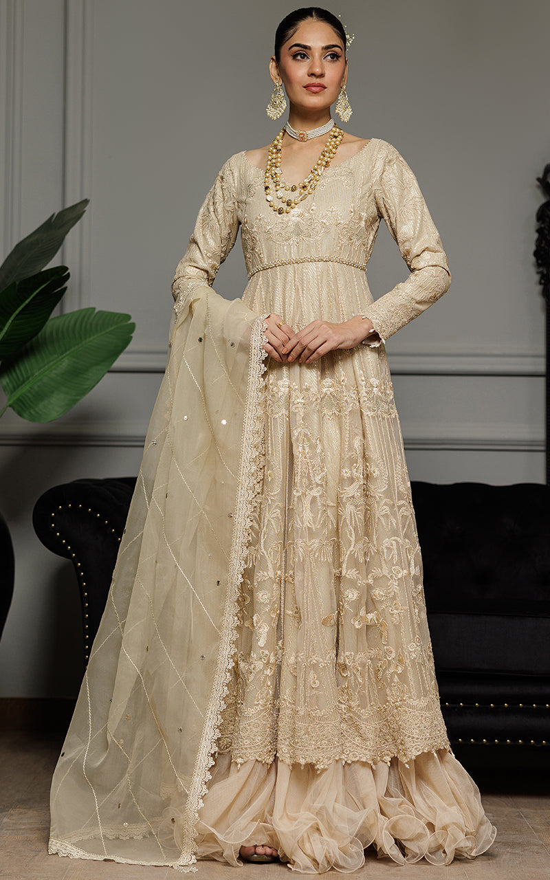 Champagne Embroidered Net Anarkali Dress (2-Piece) - Image 1