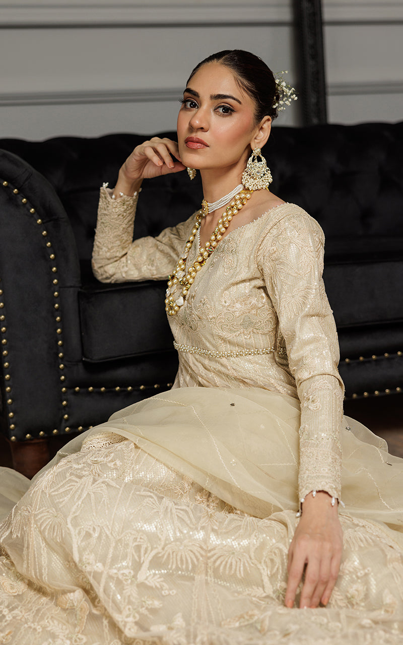 Champagne Embroidered Net Anarkali Dress (2-Piece) - Image 5