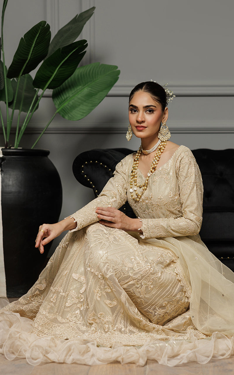 Champagne Embroidered Net Anarkali Dress (2-Piece) - Image 8