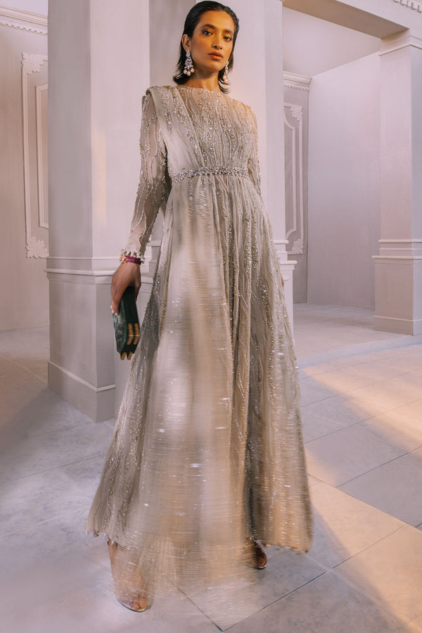 Champagne Embellished Georgette Silk Anarkali Dress (3-Piece) - Image 5