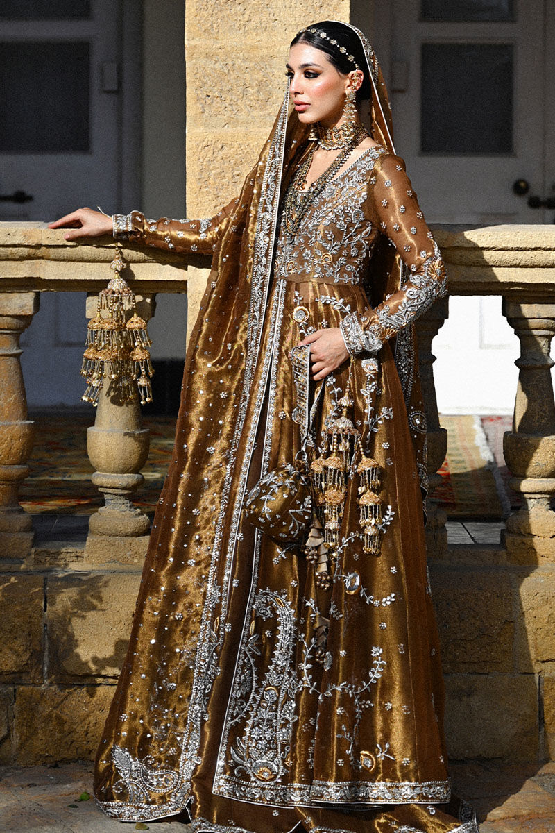 Pakistani Bronze Zardozi Lamé Anarkali Dress (3-Piece) - Image 4