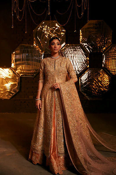 Pakistani Gold Zardozi Resham Lamè Anarkali Bridal (3-Piece) - Image 1