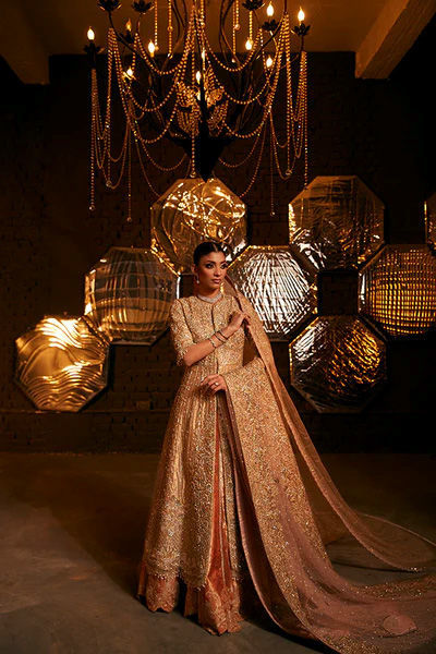 Pakistani Gold Zardozi Resham Lamè Anarkali Bridal (3-Piece) - Image 2