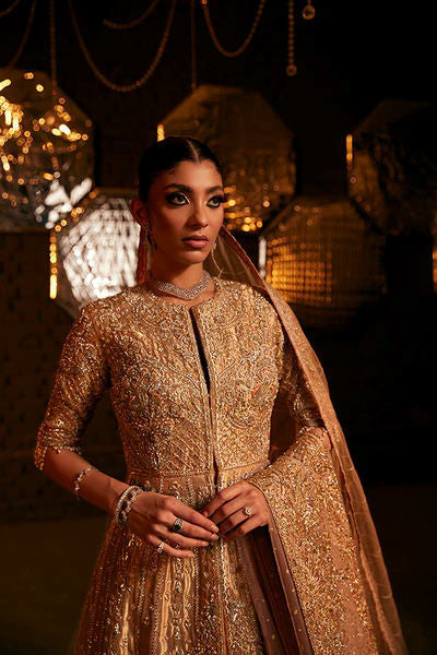 Pakistani Gold Zardozi Resham Lamè Anarkali Bridal (3-Piece) - Image 5