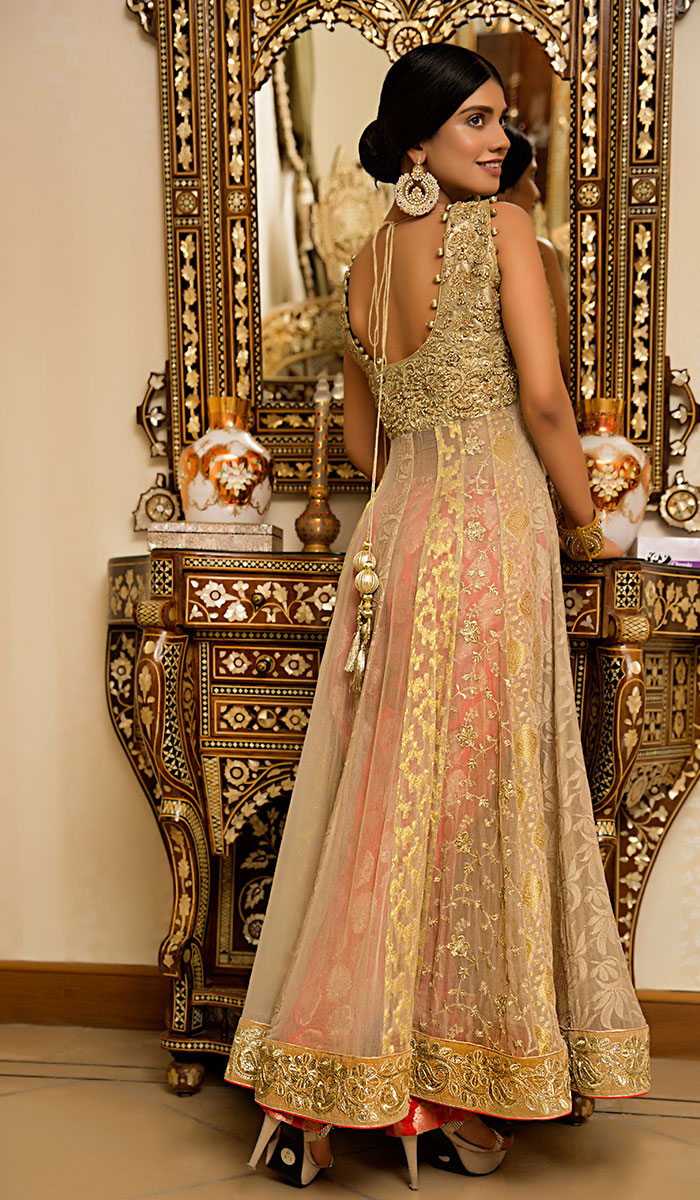 Gold and Blush Embroidered Net Anarkali Gown (1-Pc) - Image 2