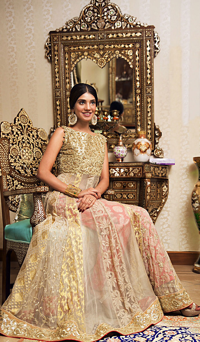 Gold and Blush Embroidered Net Anarkali Gown (1-Pc) - Image 3