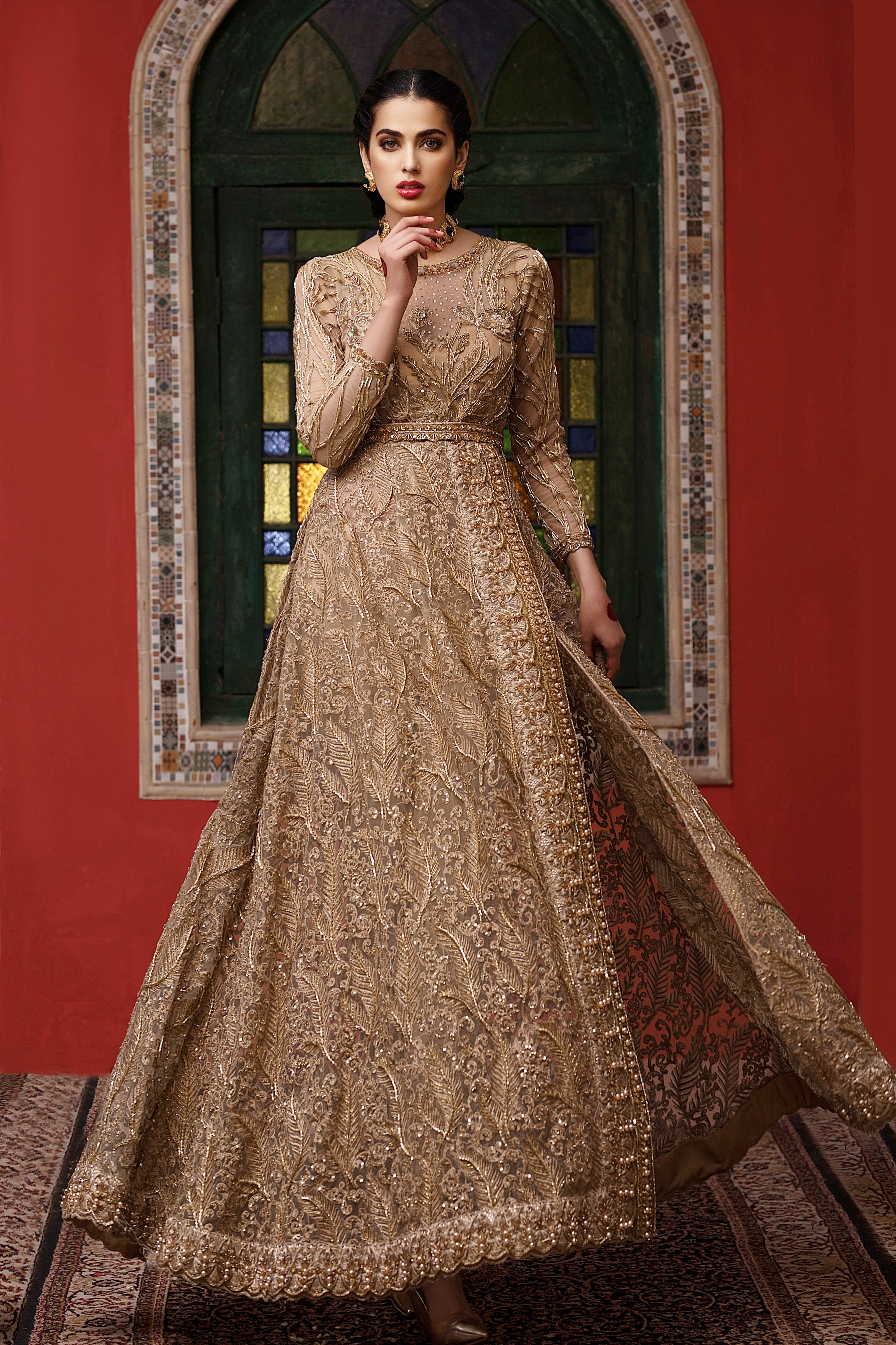 Pakistani Gold Embroidered Net Anarkali Gown (1-Pc) - Image 1