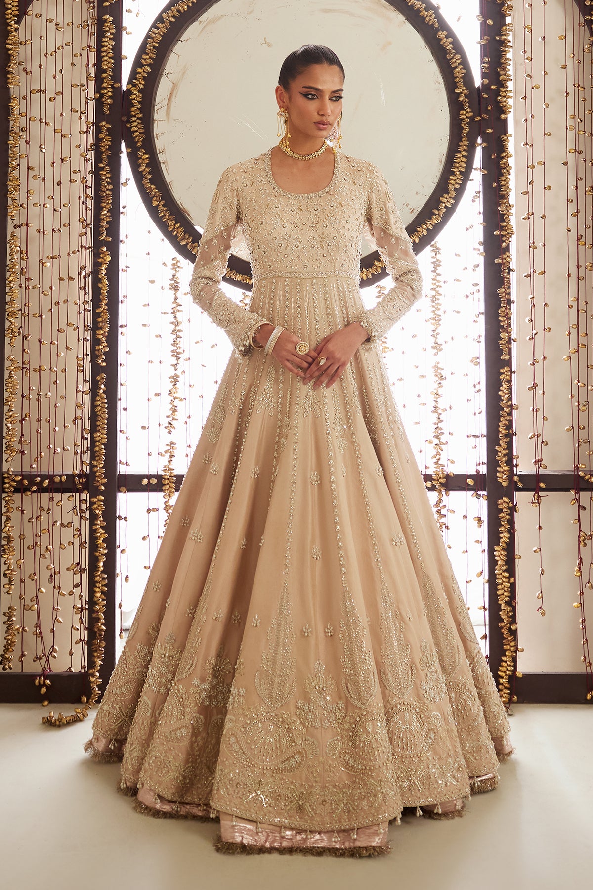 Pakistani Champagne Embellished Net Anarkali Gown (1-Pc) - Image 1