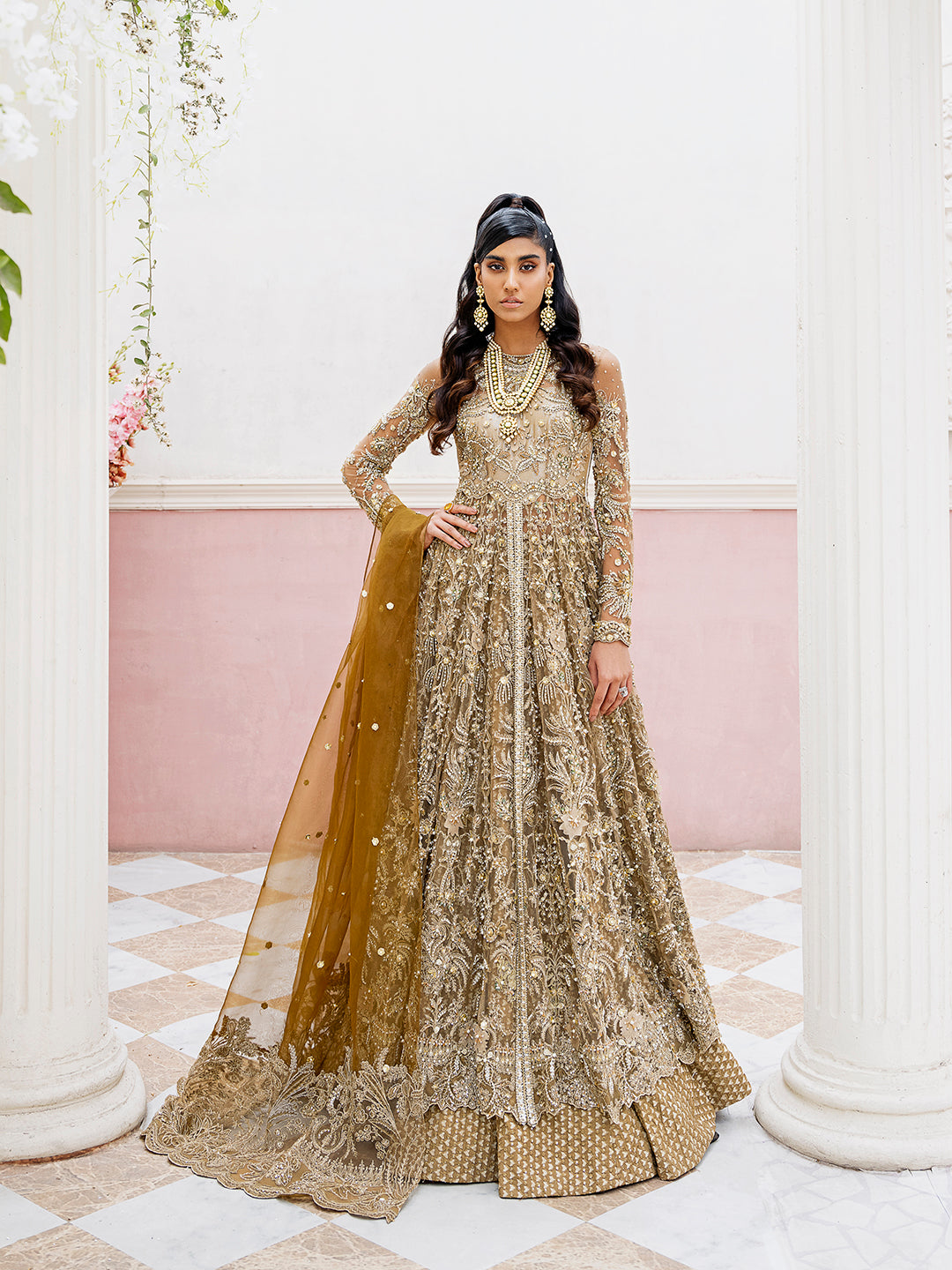 Pakistani Antique Gold Embroidered Net Silk Anarkali (2-Piece) - Image 1
