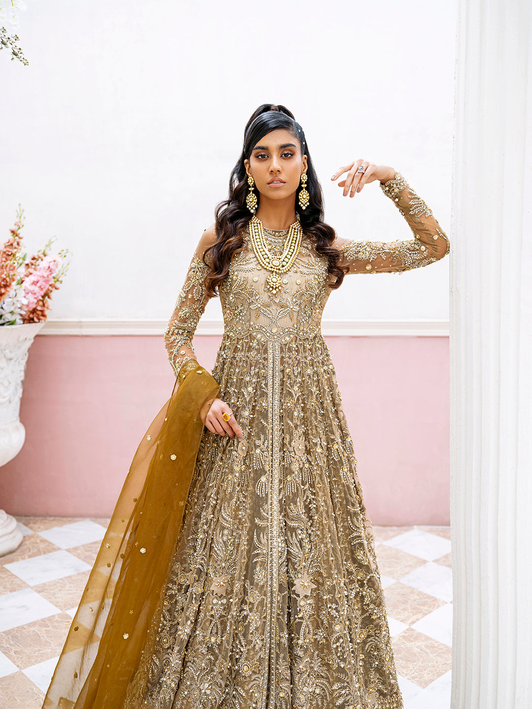 Pakistani Antique Gold Embroidered Net Silk Anarkali (2-Piece) - Image 2