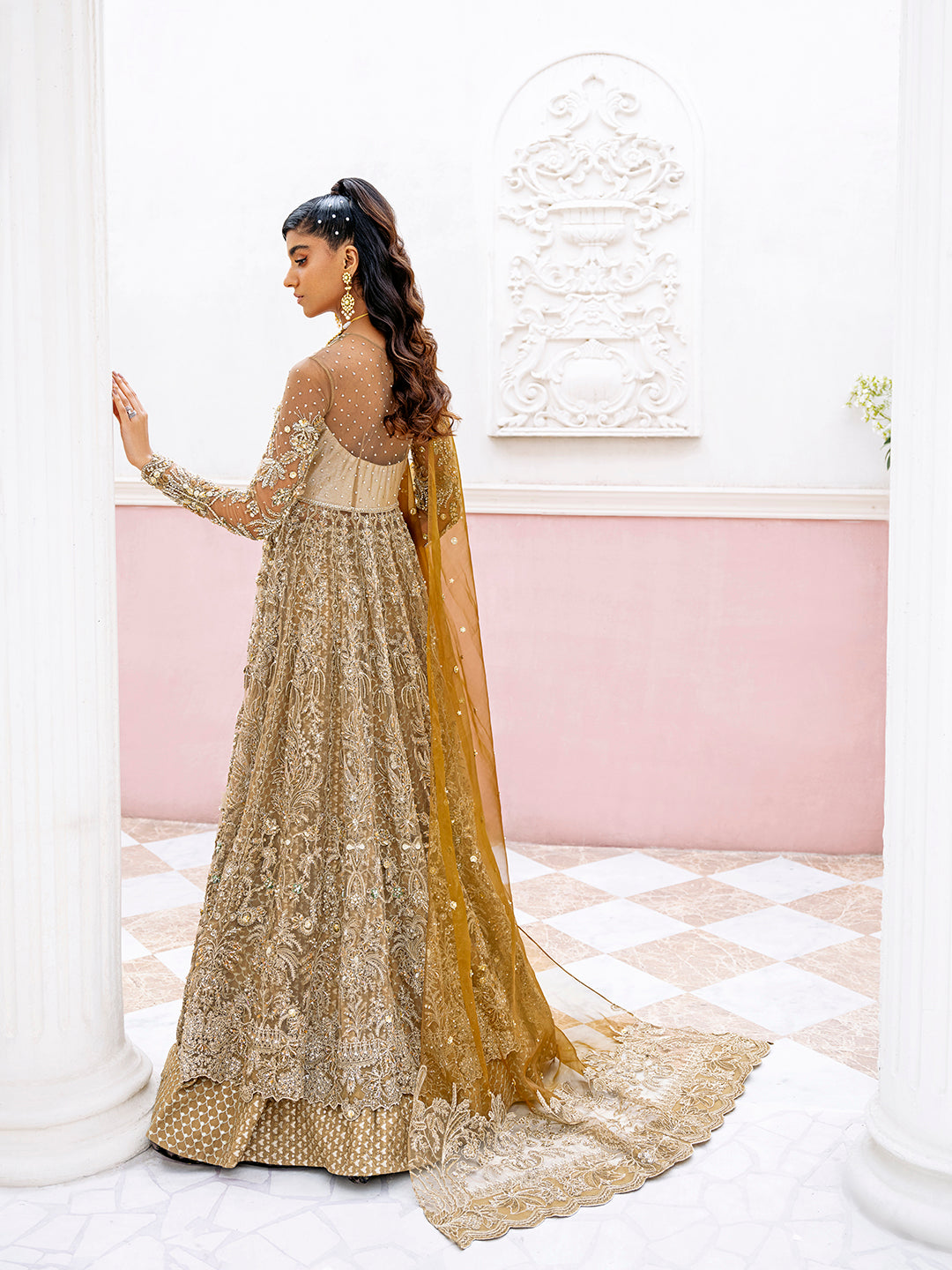 Pakistani Antique Gold Embroidered Net Silk Anarkali (2-Piece) - Image 4