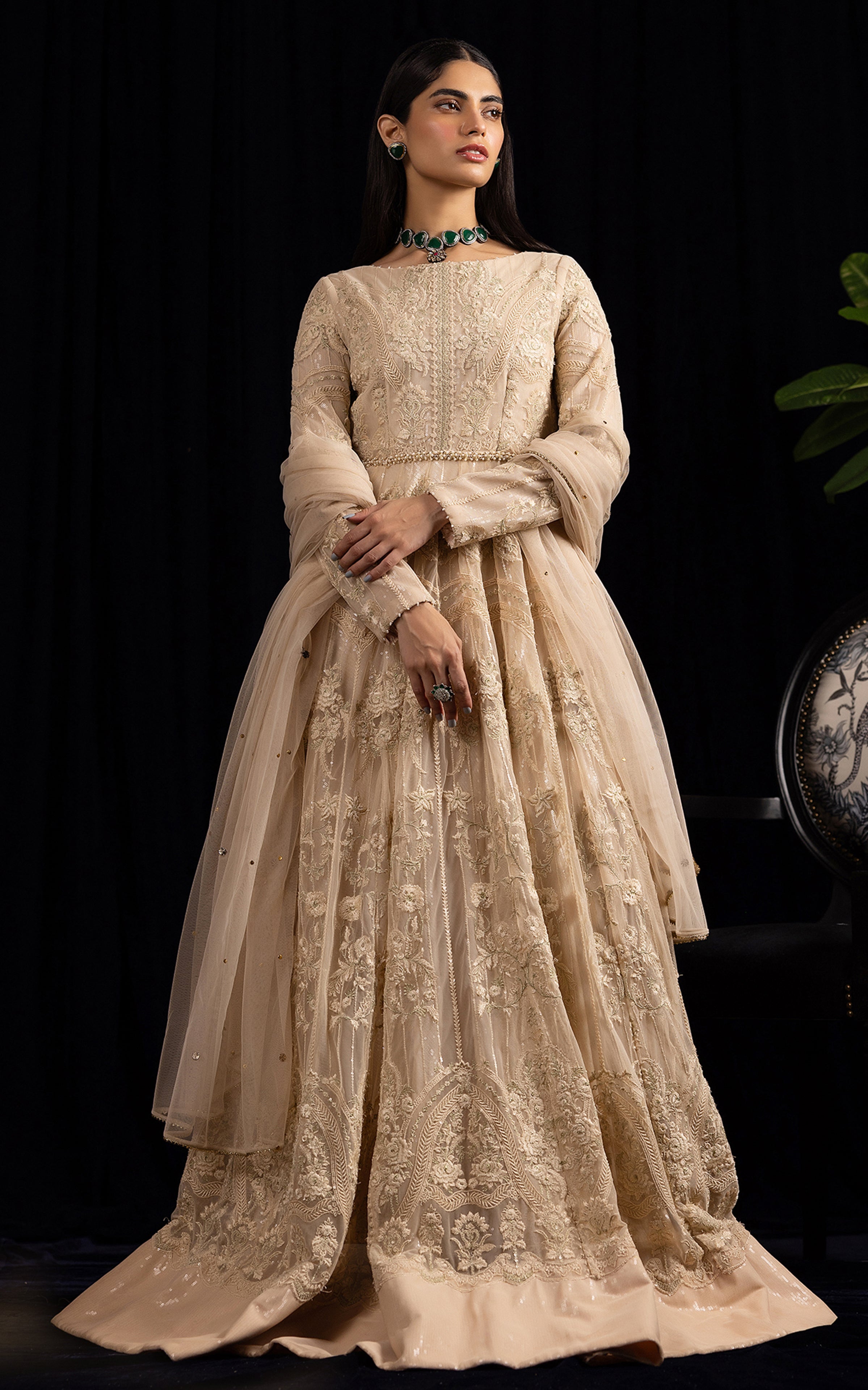 Pakistani Champagne Embroidered Net Anarkali Maxi (2-Piece) - Image 1