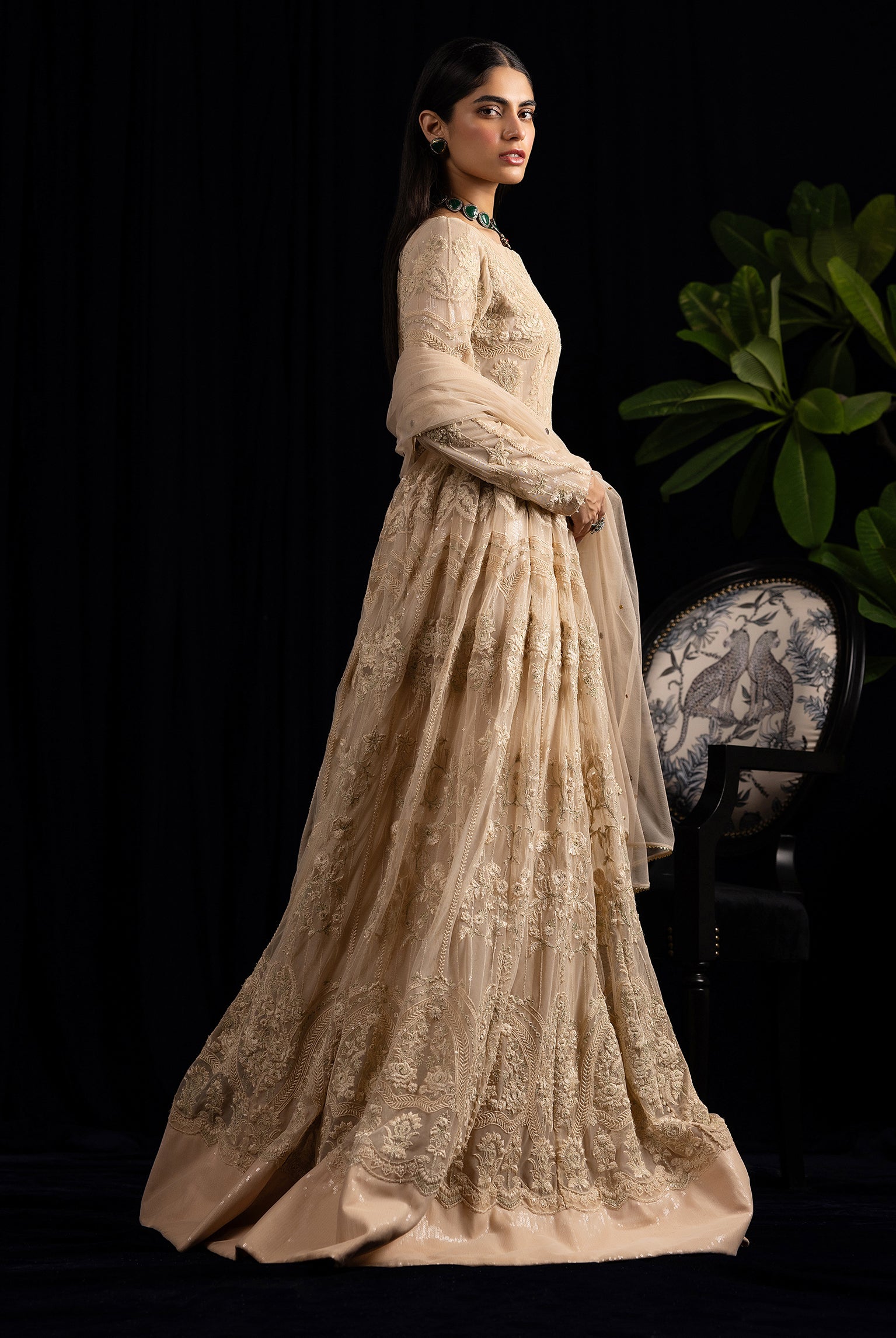 Pakistani Champagne Embroidered Net Anarkali Maxi (2-Piece) - Image 3