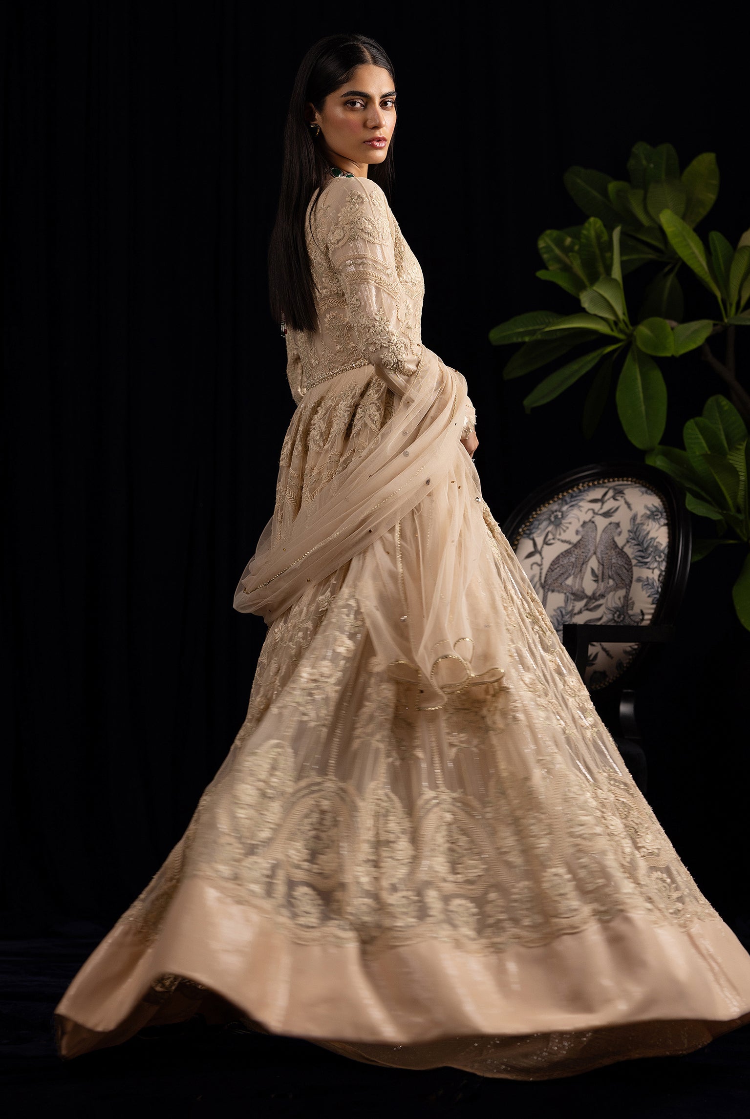 Pakistani Champagne Embroidered Net Anarkali Maxi (2-Piece) - Image 4