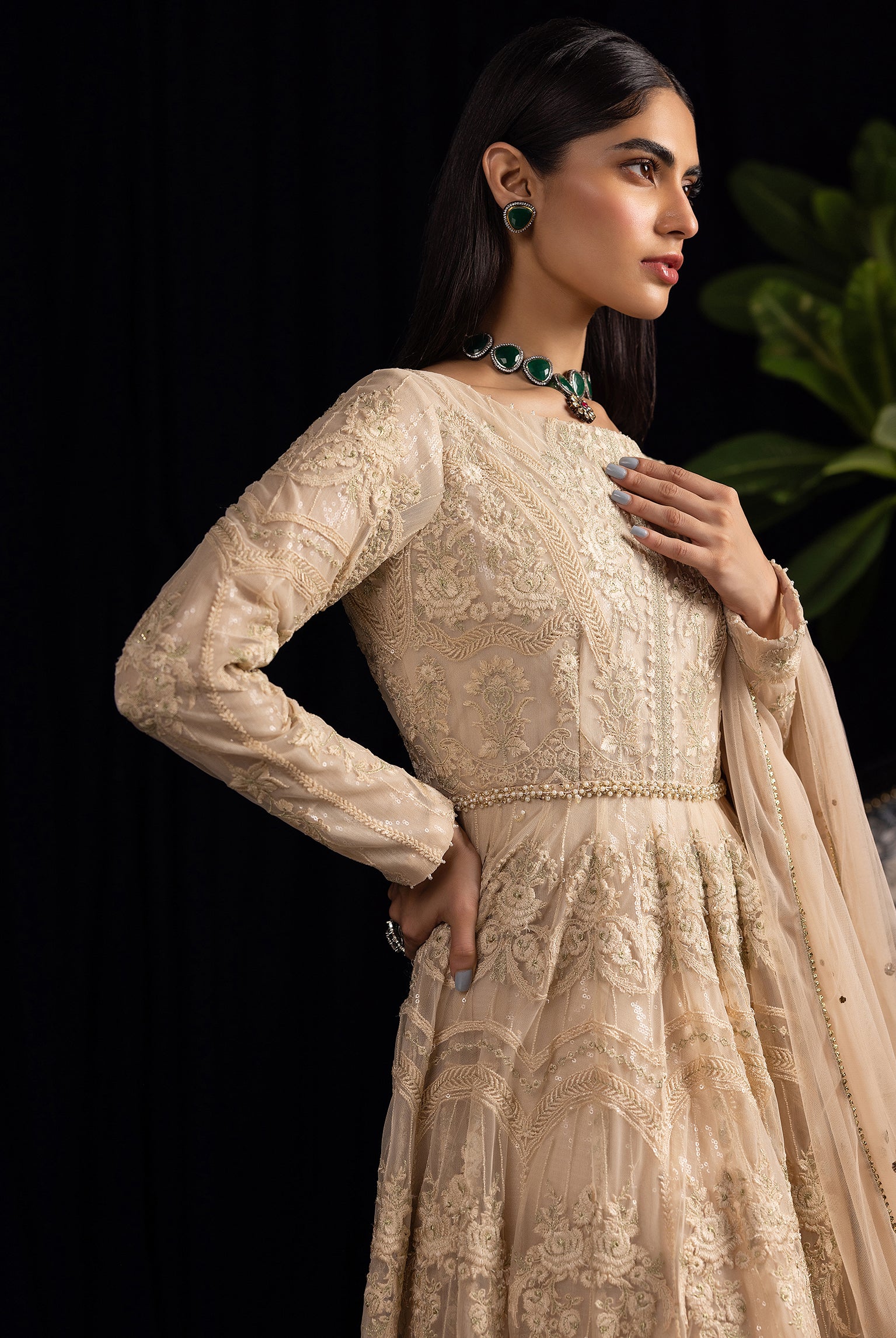 Pakistani Champagne Embroidered Net Anarkali Maxi (2-Piece) - Image 5