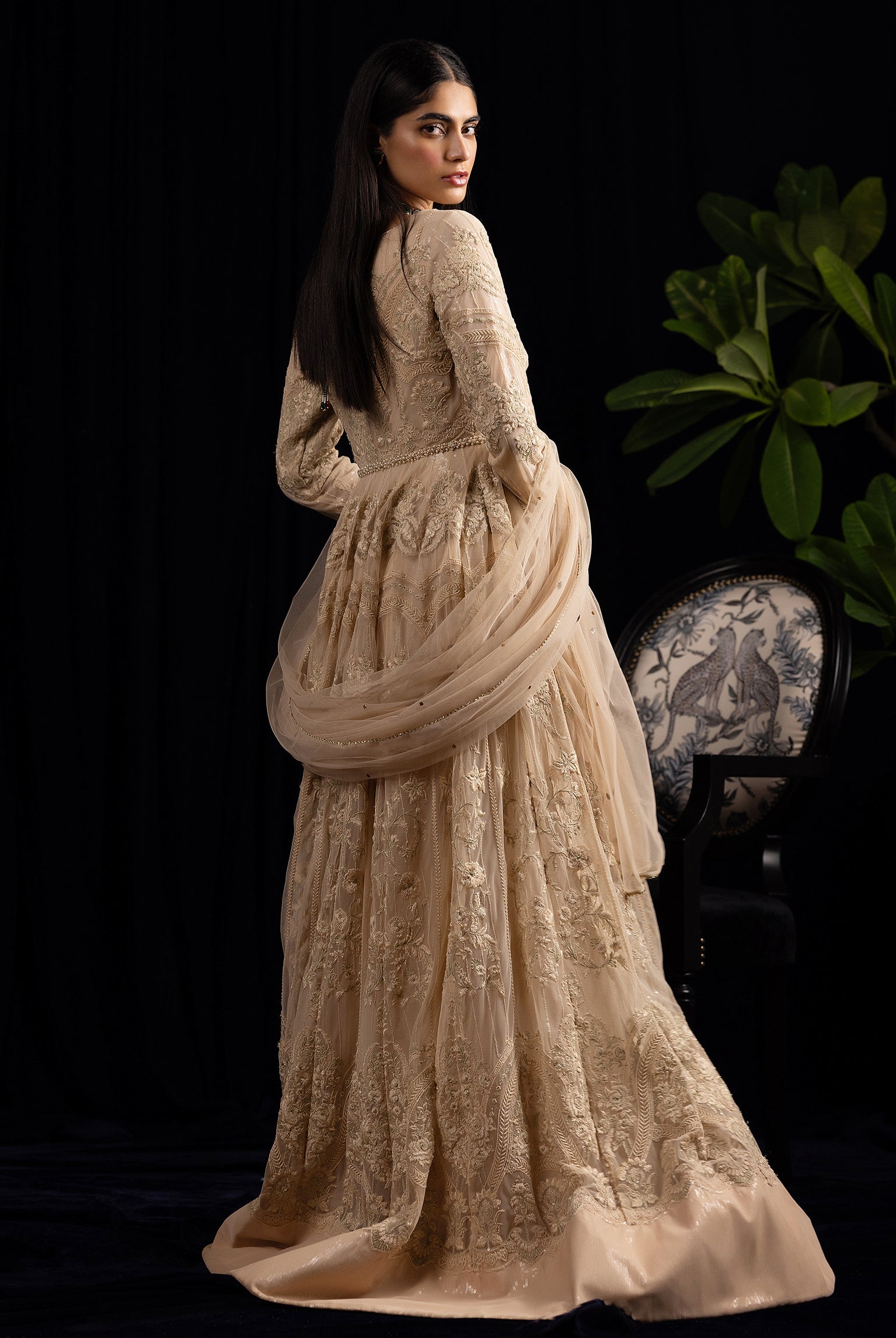 Pakistani Champagne Embroidered Net Anarkali Maxi (2-Piece) - Image 6