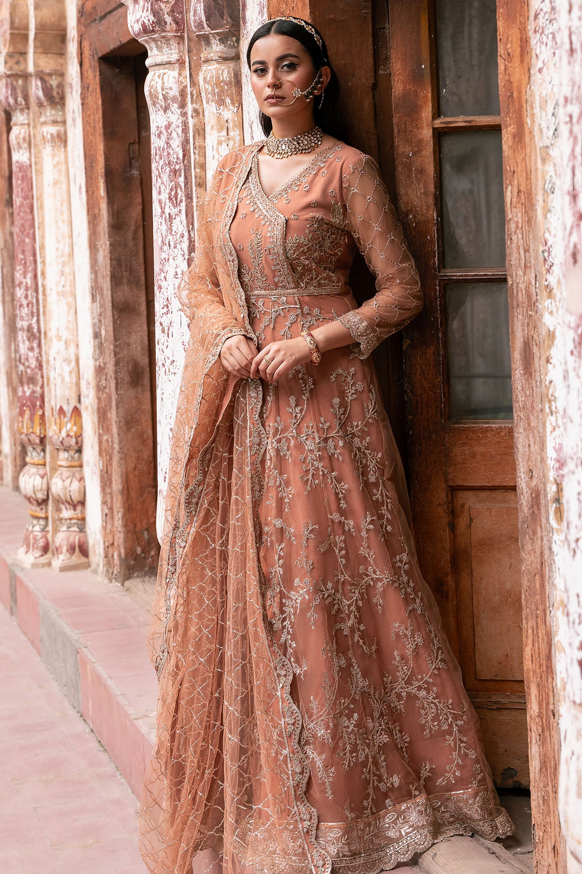 Pakistani Copper Embroidered Net and Silk Anarkali (3-Piece) - Image 1