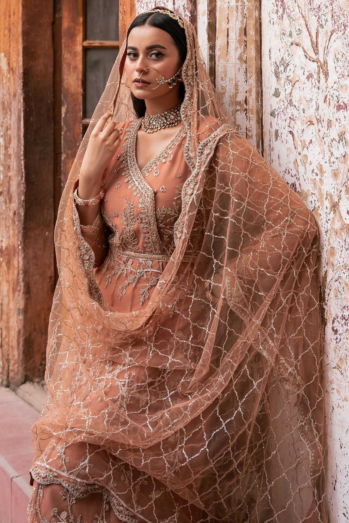 Pakistani Copper Embroidered Net and Silk Anarkali (3-Piece) - Image 3