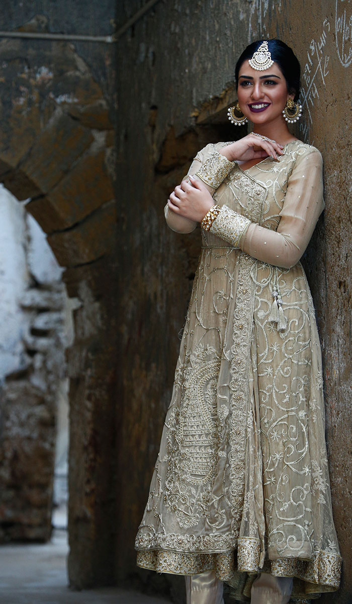 Champagne Embroidered Net Anarkali Dress (2-Piece) - Image 1