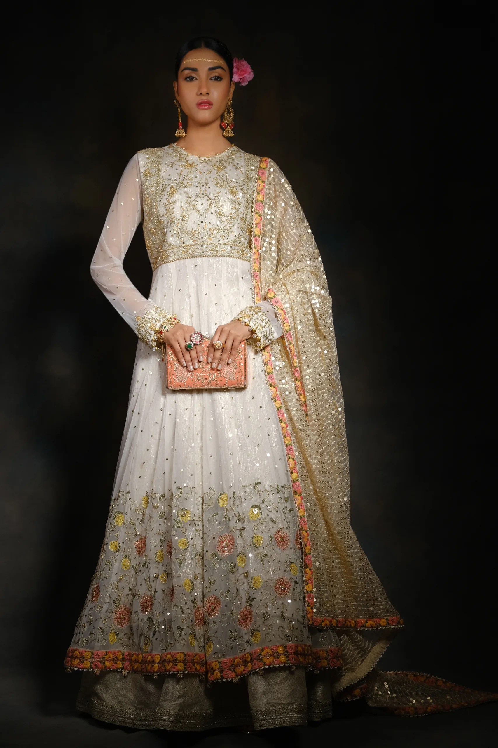 Light Gold Embroidered Net Anarkali Dress (2-Piece) - Image 1
