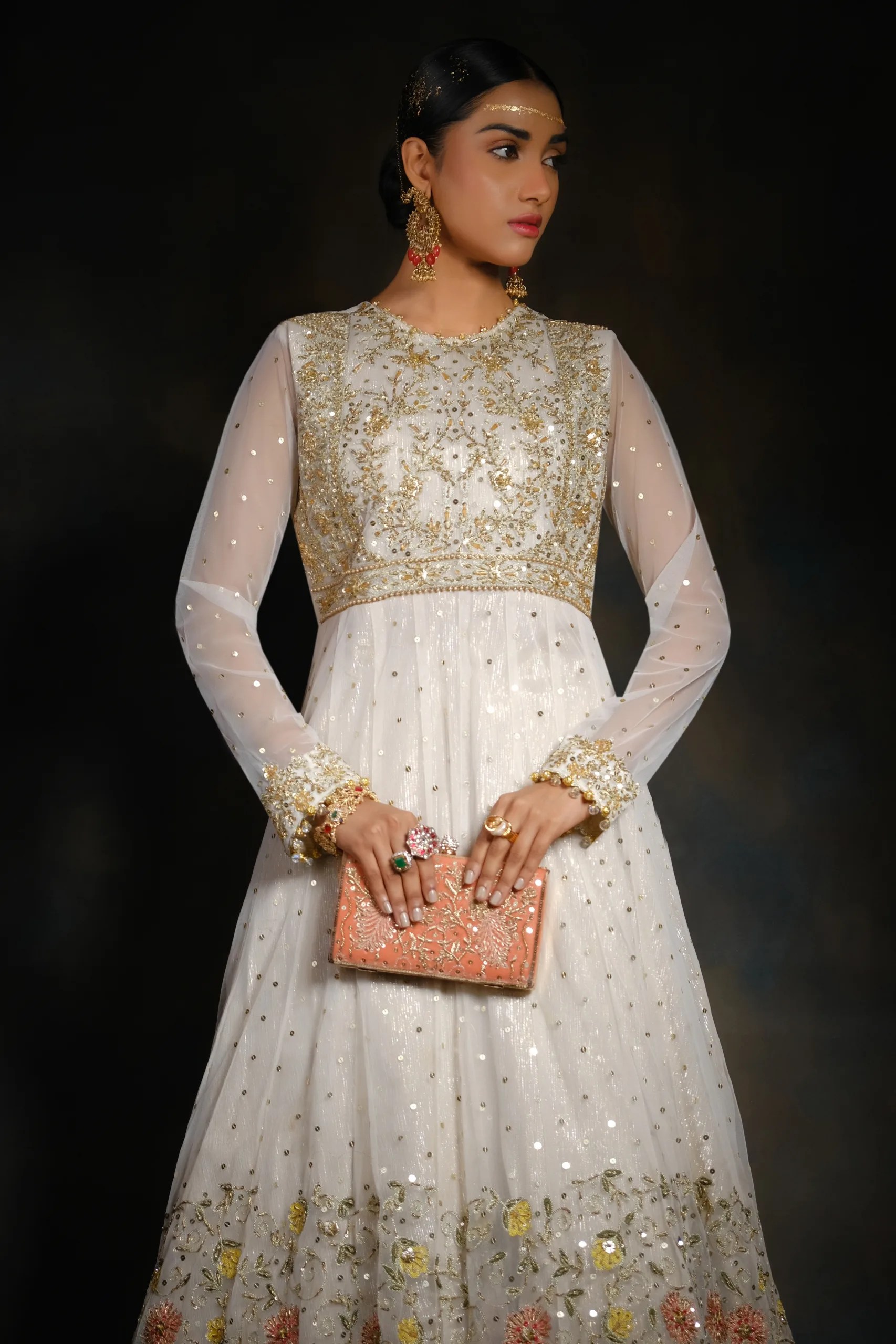Light Gold Embroidered Net Anarkali Dress (2-Piece) - Image 2