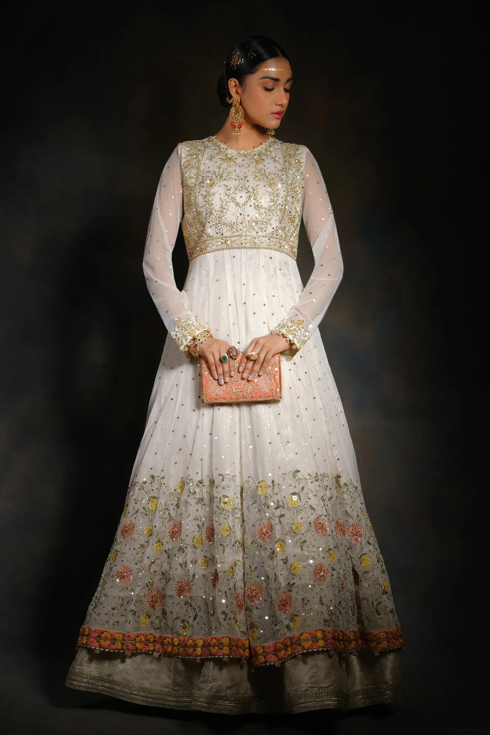 Light Gold Embroidered Net Anarkali Dress (2-Piece) - Image 3