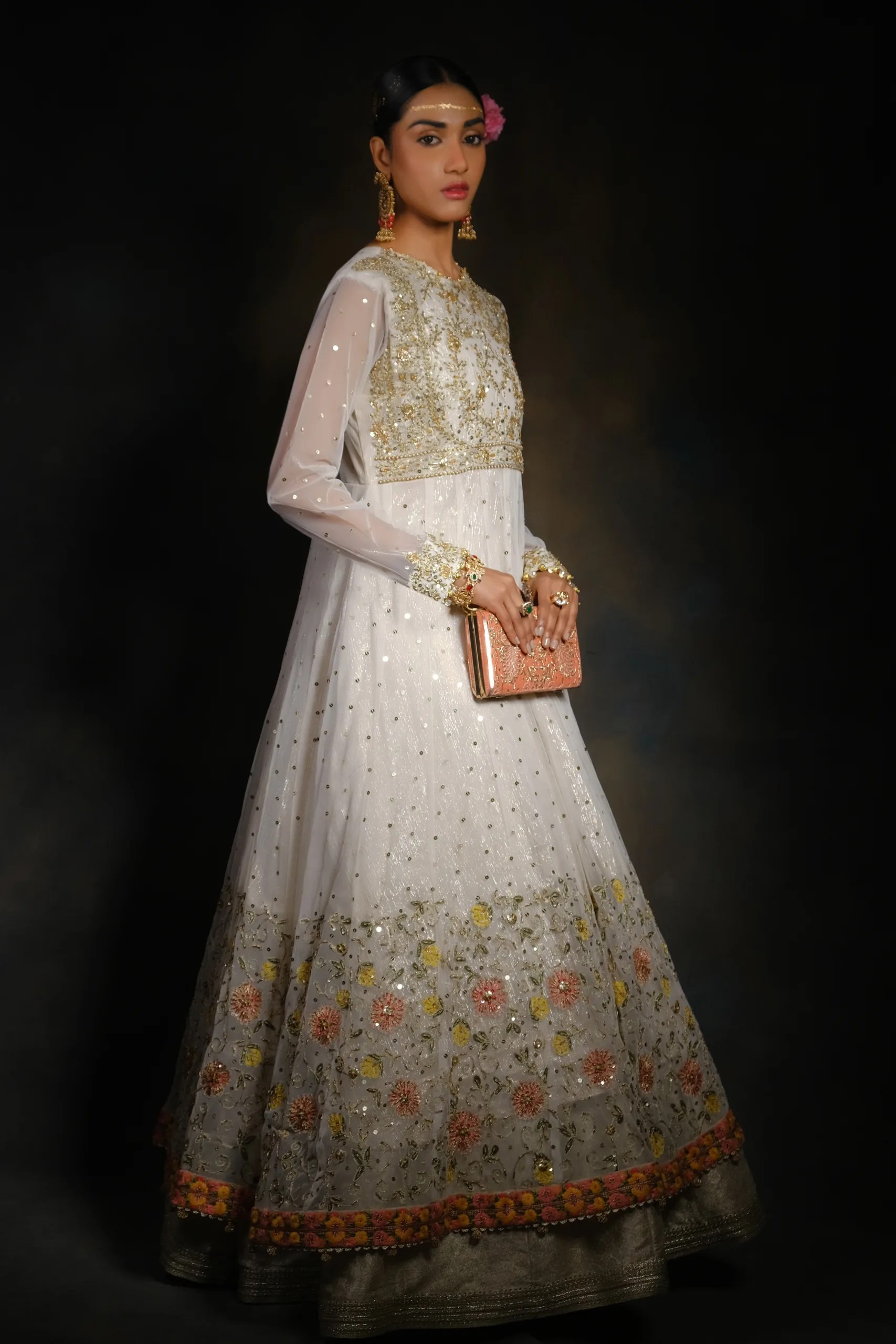 Light Gold Embroidered Net Anarkali Dress (2-Piece) - Image 4