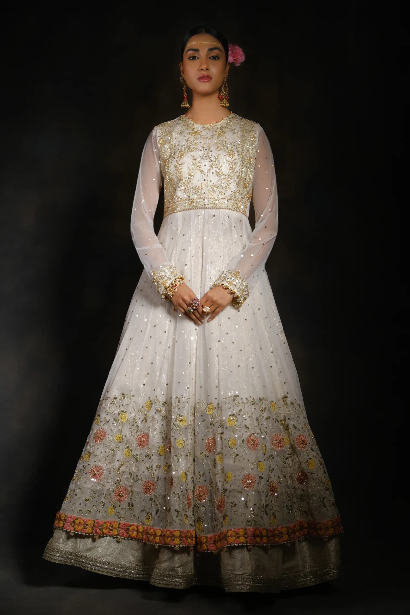 Light Gold Embroidered Net Anarkali Dress (2-Piece) - Image 5