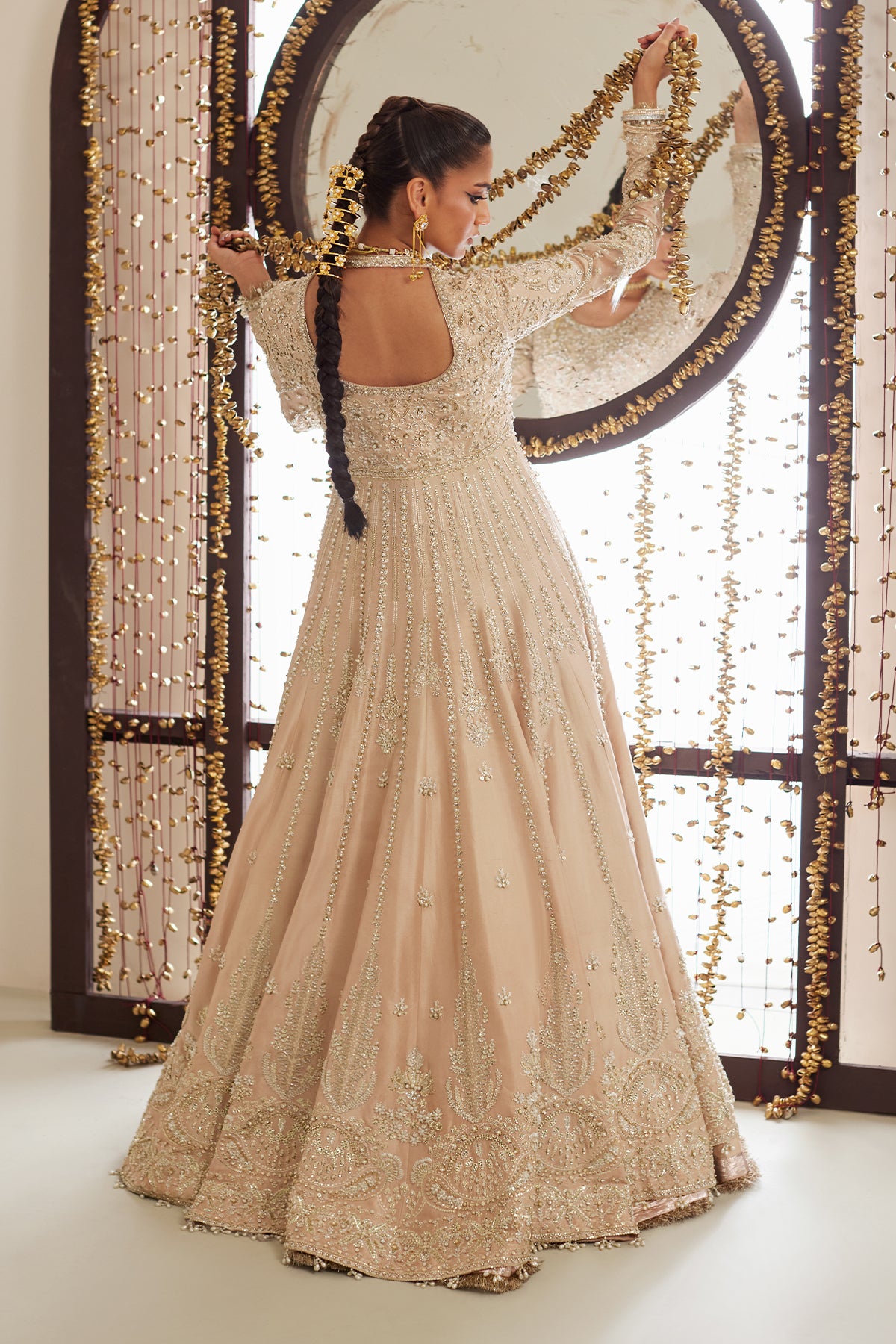 Pakistani Champagne Embellished Net Organza Anarkali Gown (1-Pc) - Image 2