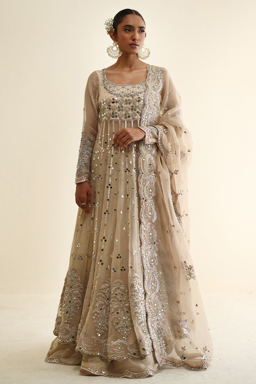 Pakistani Champagne Handworked Organza Maysuri Anarkali (2-Piece) - Image 1
