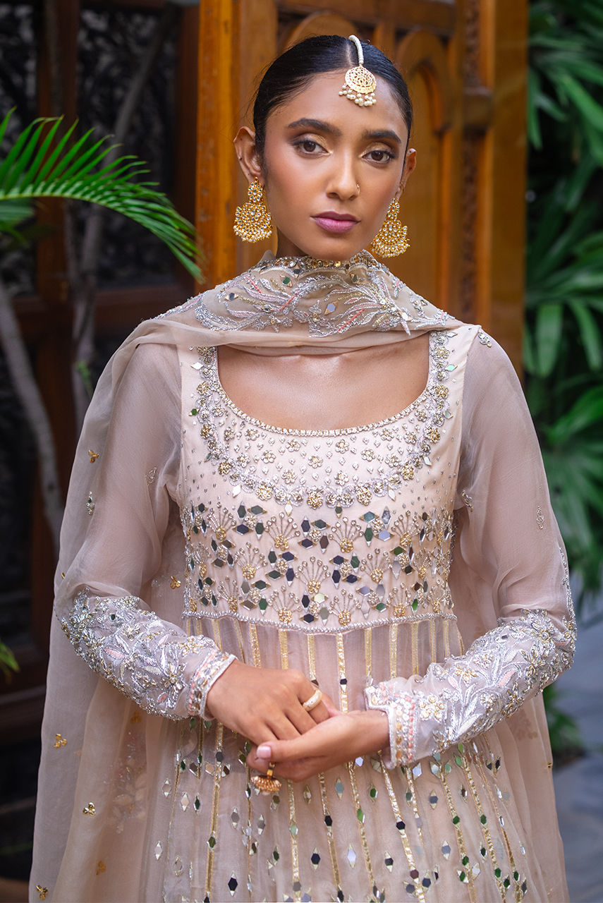 Pakistani Champagne Handworked Organza Maysuri Anarkali (2-Piece) - Image 6