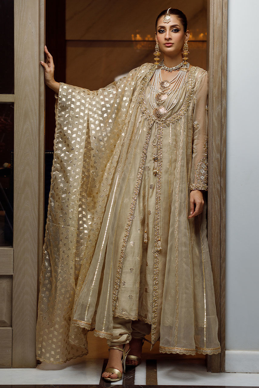 Pakistani Gold Zardozi & Gota Organza Anarkali (3-Piece) - Image 1