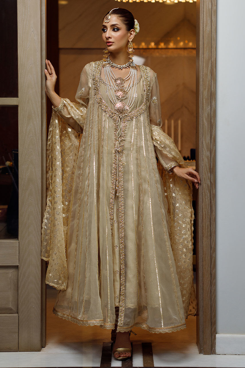 Pakistani Gold Zardozi & Gota Organza Anarkali (3-Piece) - Image 4