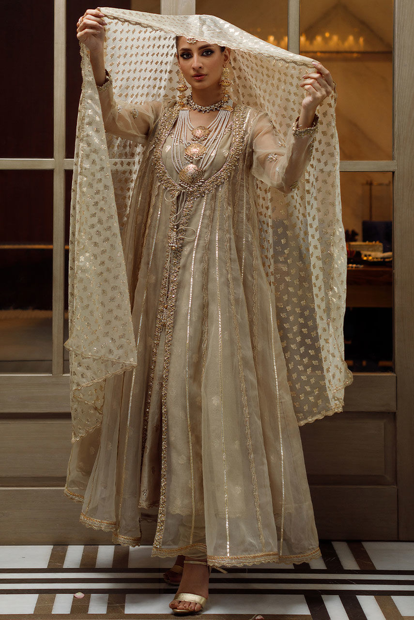 Pakistani Gold Zardozi & Gota Organza Anarkali (3-Piece) - Image 6